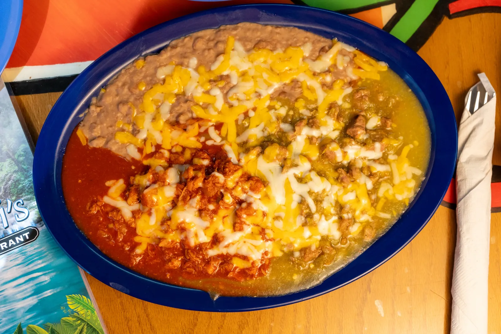 Red and green chile plate close up