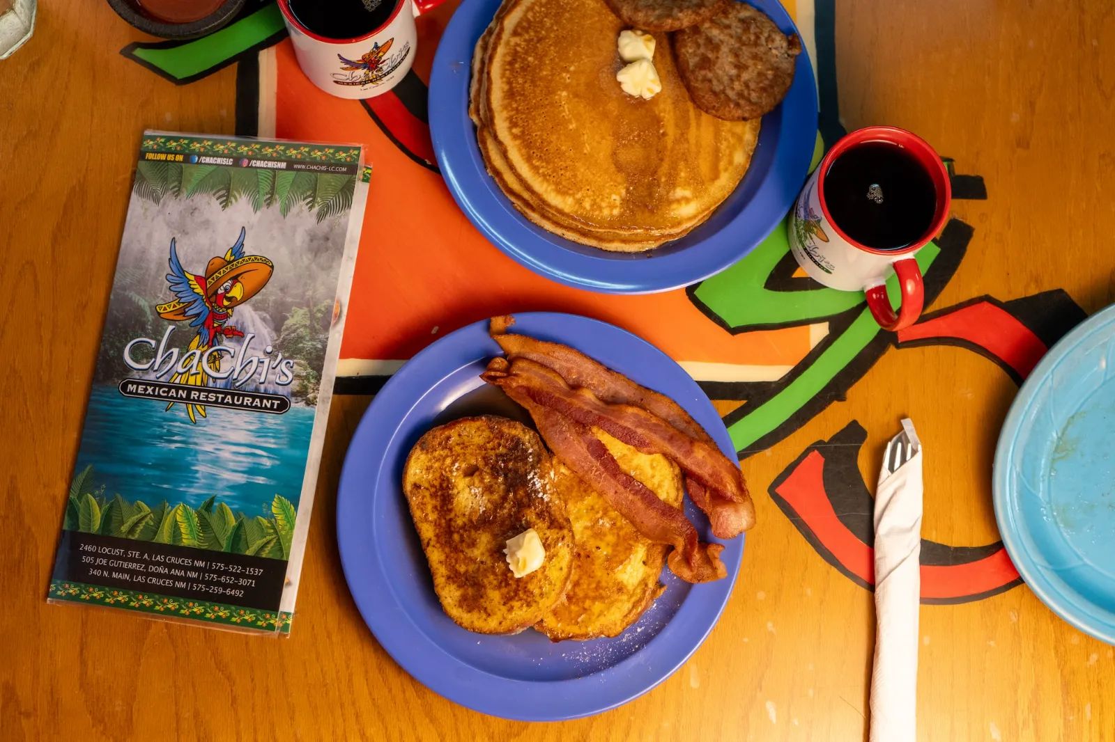 Pancakes, french toast and red & green chile breakfast