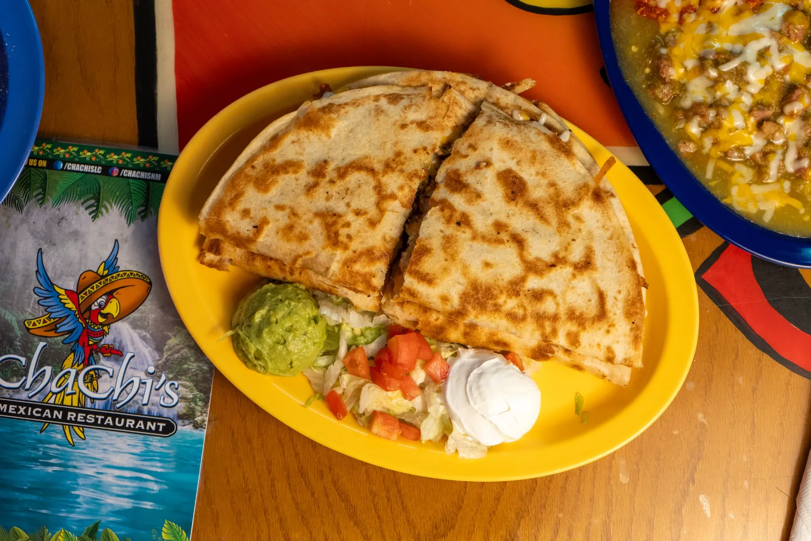 Quesadilla with guacamole, pico and sour cream