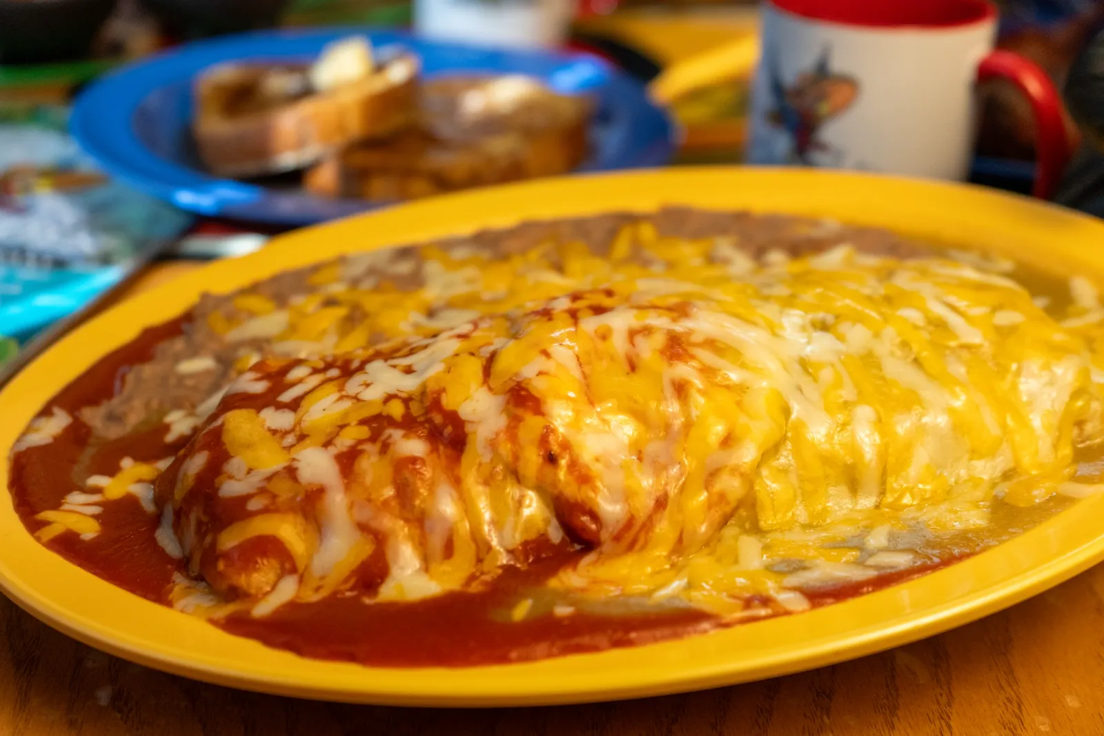Smothered burrito Christmas-style with red and green chile
