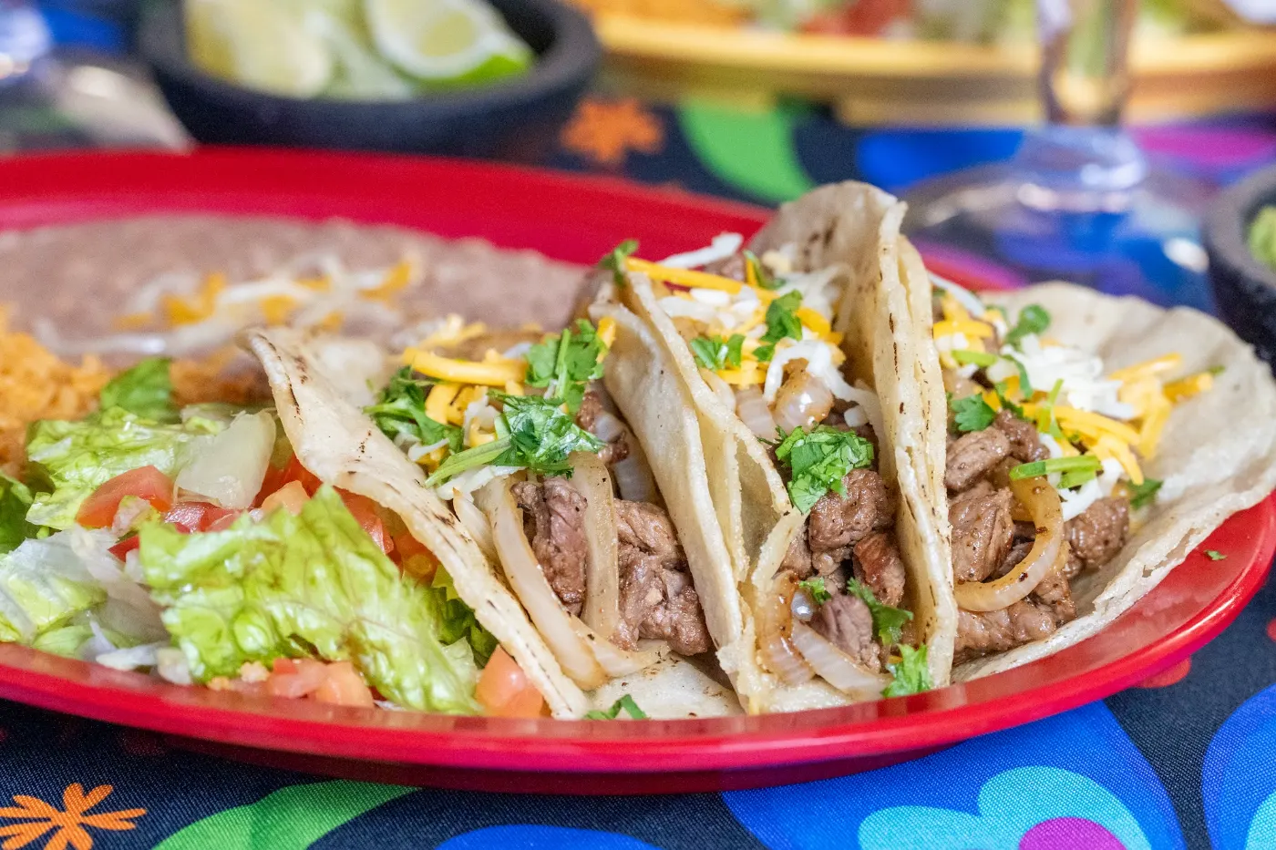Steak street tacos with rice and beans