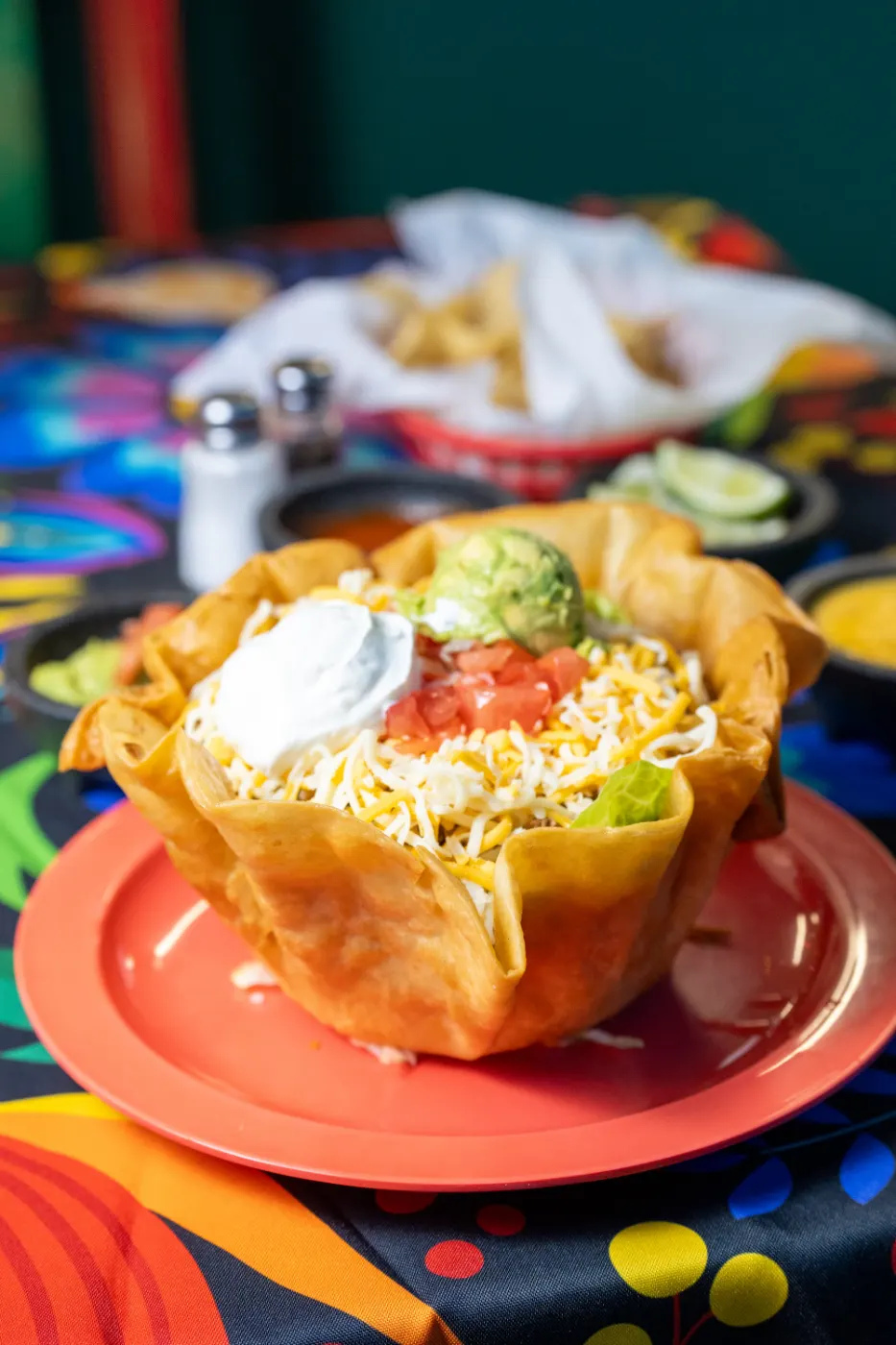 Taco salad in a crispy tortilla bowl